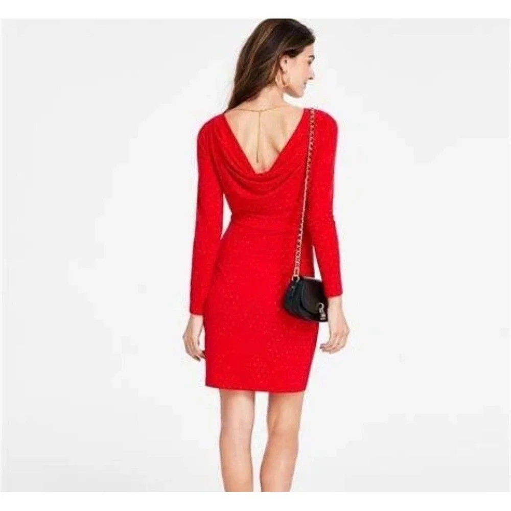 Michael Kors Long Sleeve Studded Drape‎ Back Bodycon Mini Dress Womens XS Red